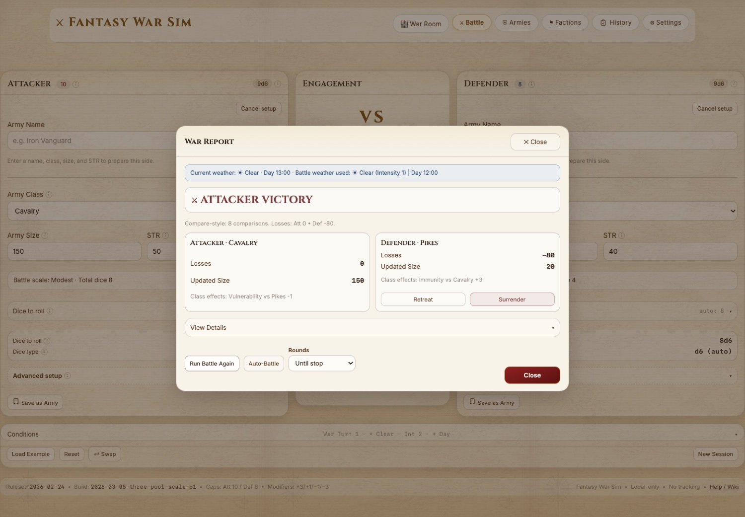 Fantasy War Sim War Report modal showing an attacker victory, updated army sizes, and battle resolution data.