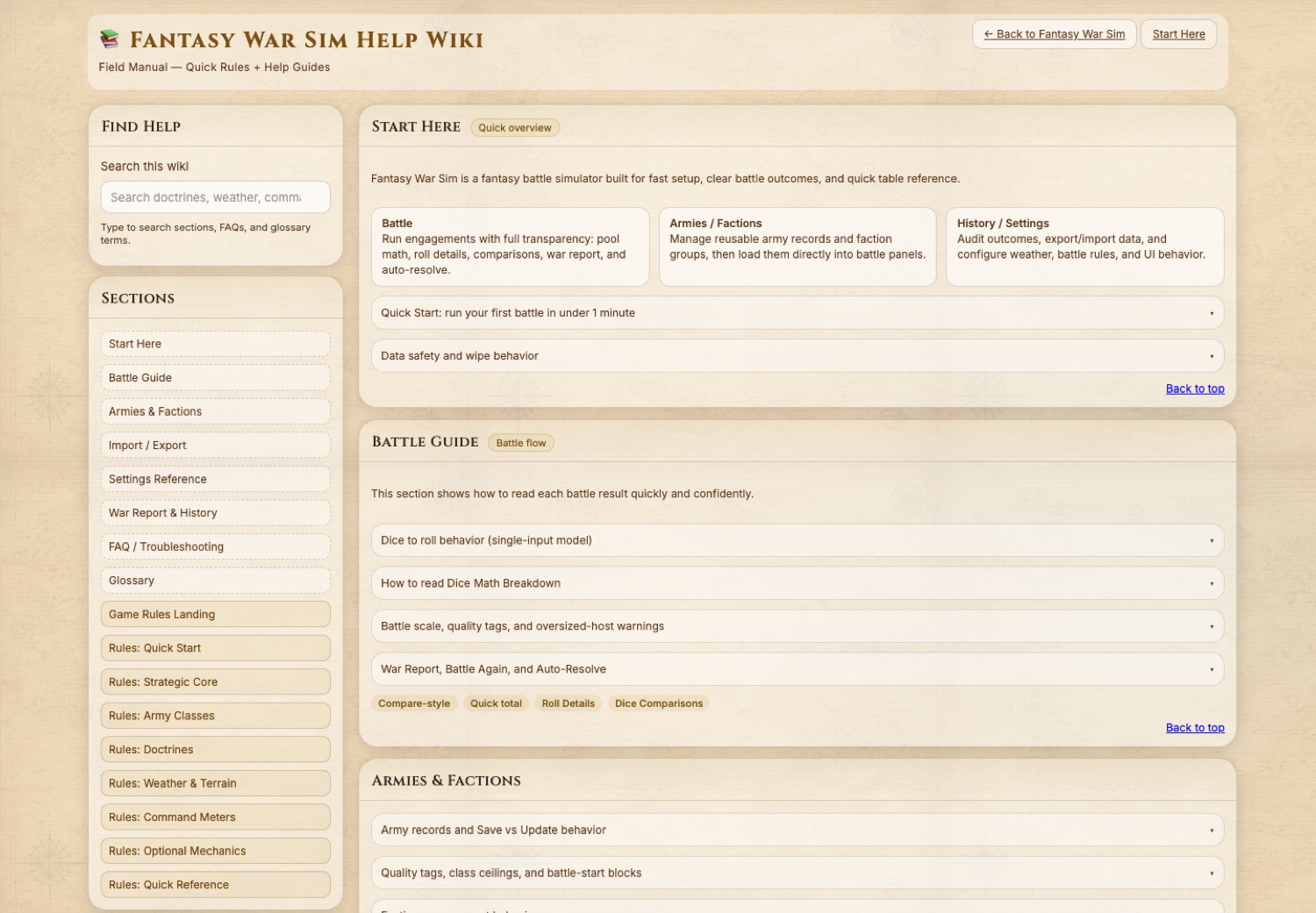 Fantasy War Sim Help Wiki showing quick overview, Battle Guide, army and faction guidance, settings, and rules navigation.