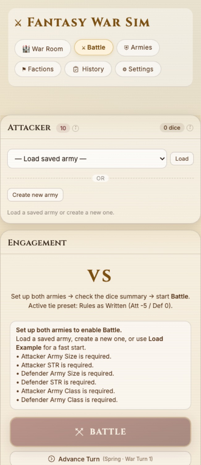 Mobile viewport of Fantasy War Sim showing stacked Battle tab sections and readable controls.