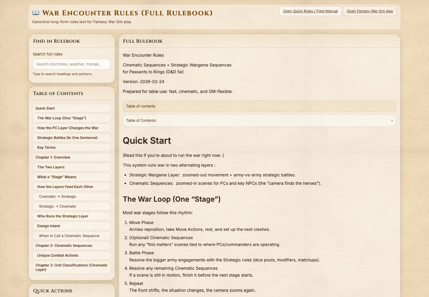 War Encounter Rules page showing a full rulebook with table of contents and Quick Start section.