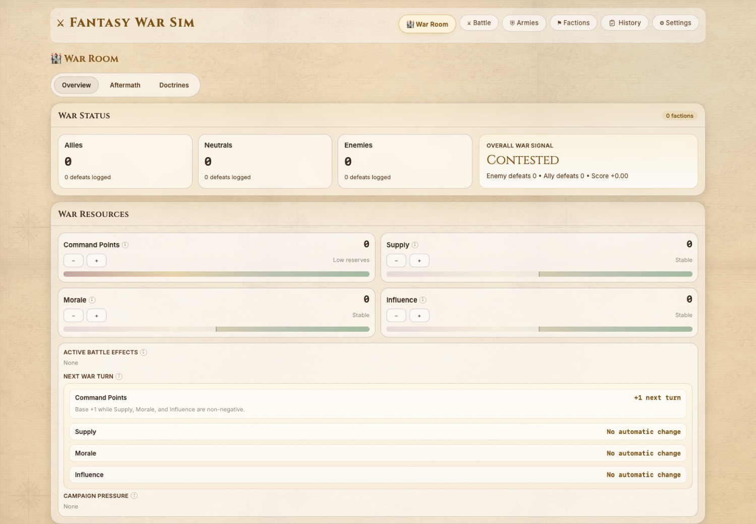 Fantasy War Sim War Room tab showing war status, allies, neutrals, enemies, command points, supply, morale, and influence.