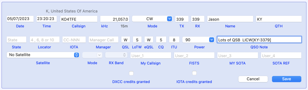 example QSO entry