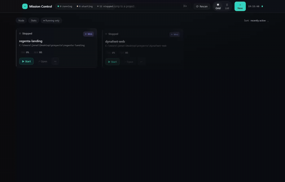 Mission Control en acción: lanza dos proyectos en puertos sin colisión y observa los logs en vivo en el cajón de detalle