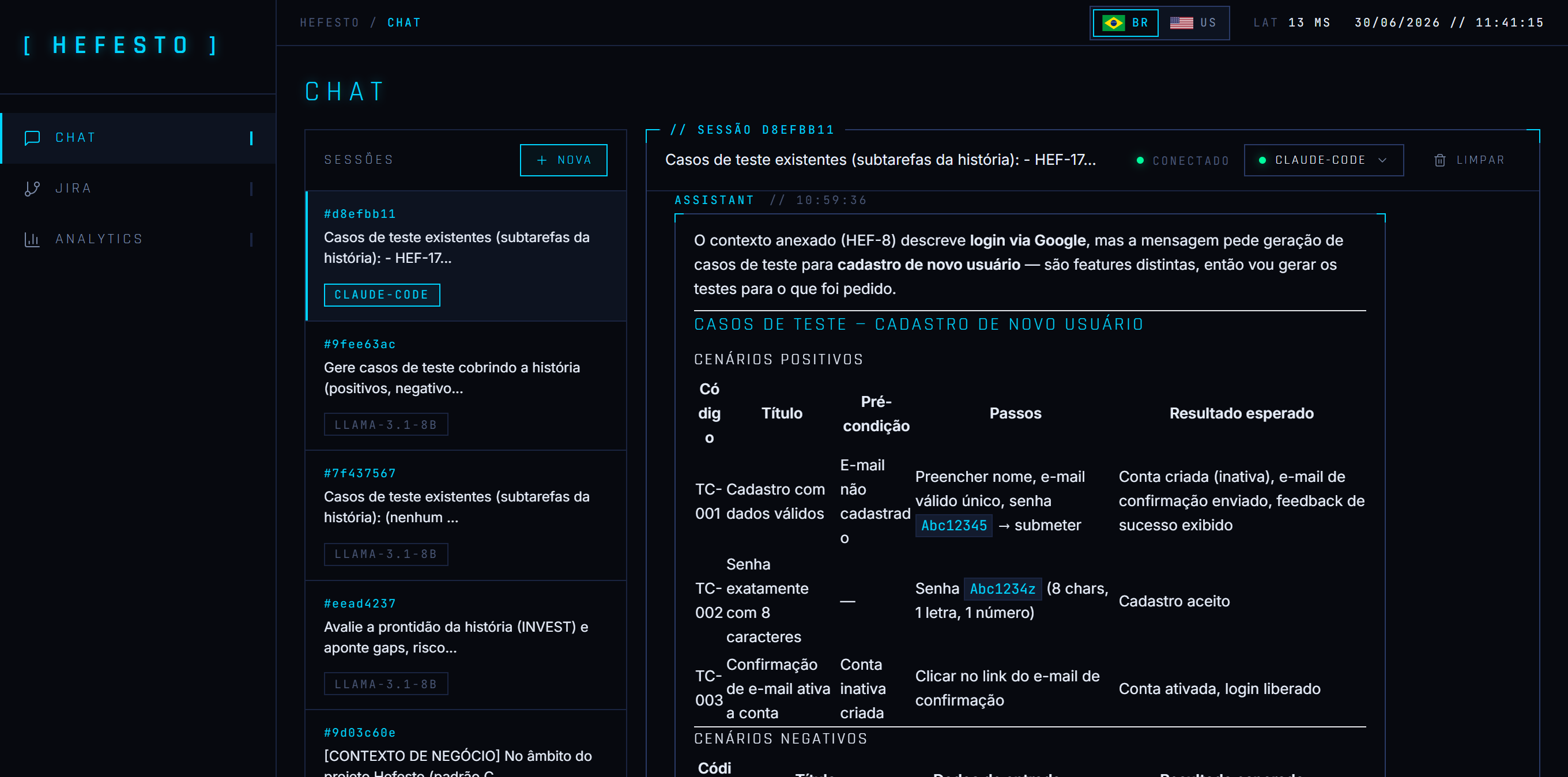 Chat com o agente QA Sênior gerando casos de teste estruturados, com cenários positivos e negativos, passos e resultado esperado