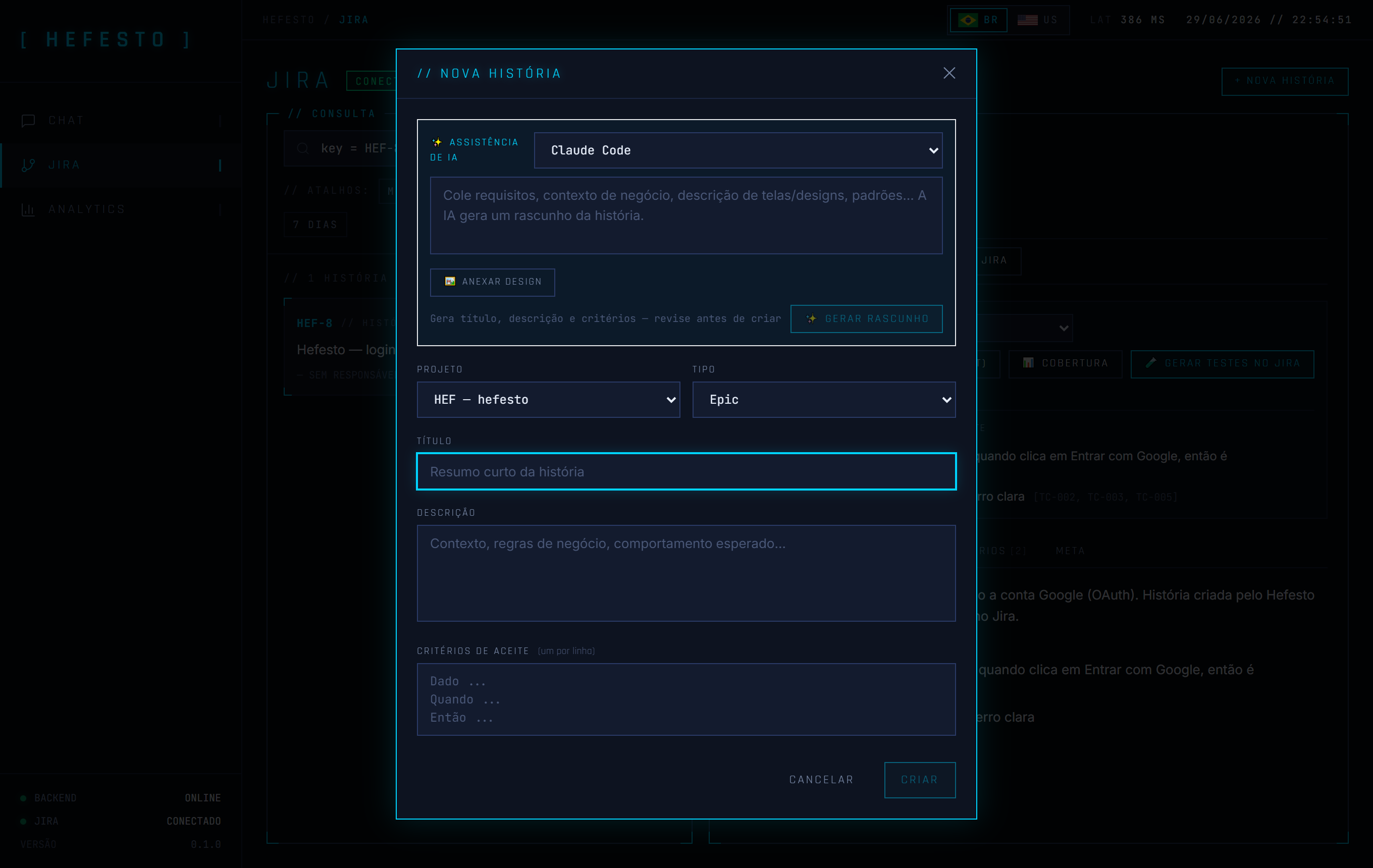 Modal de nova história com assistência de IA (texto ou imagem de tela)