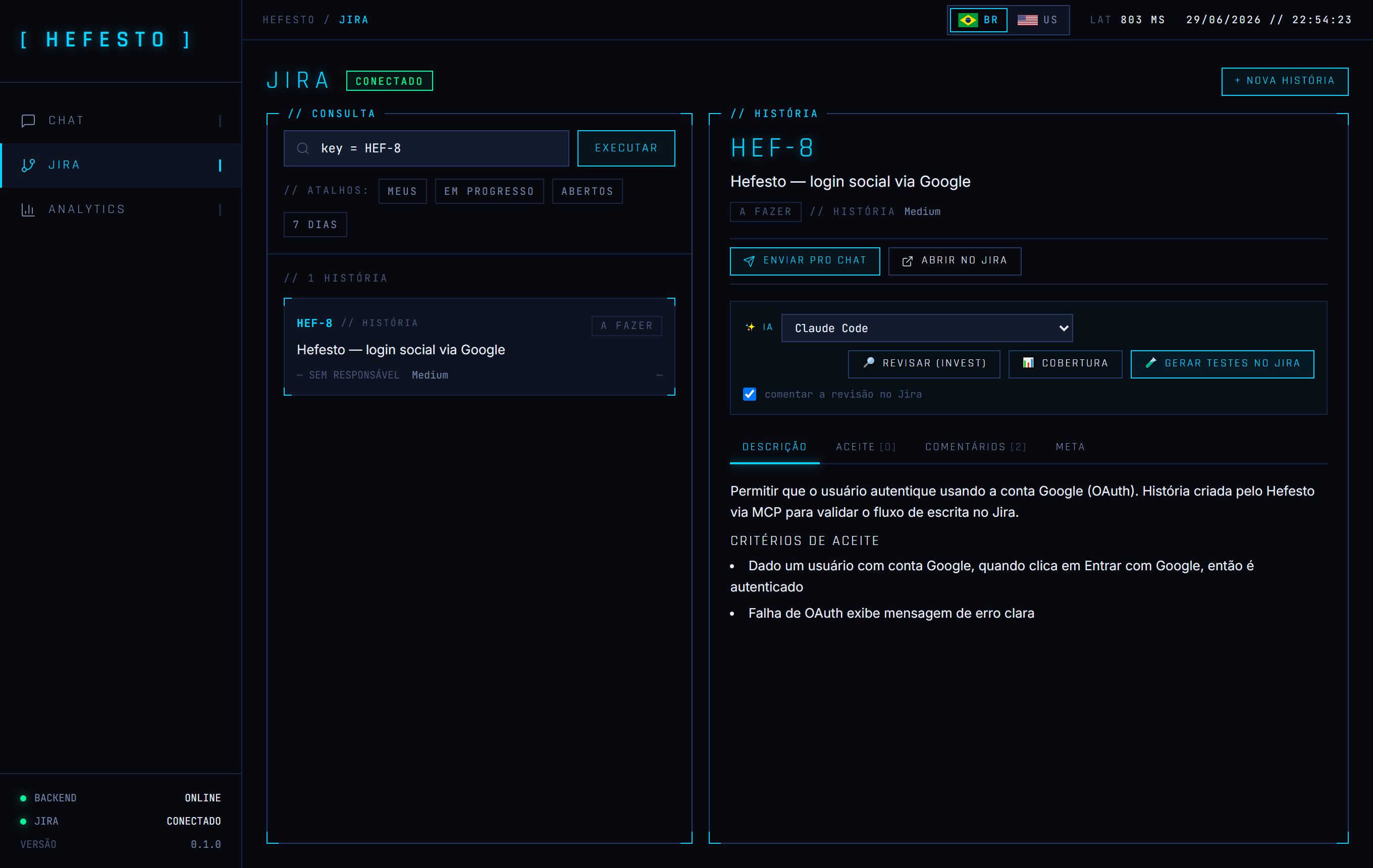 Painel do Jira no Hefesto, com ações de IA: revisar (INVEST), cobertura e gerar testes