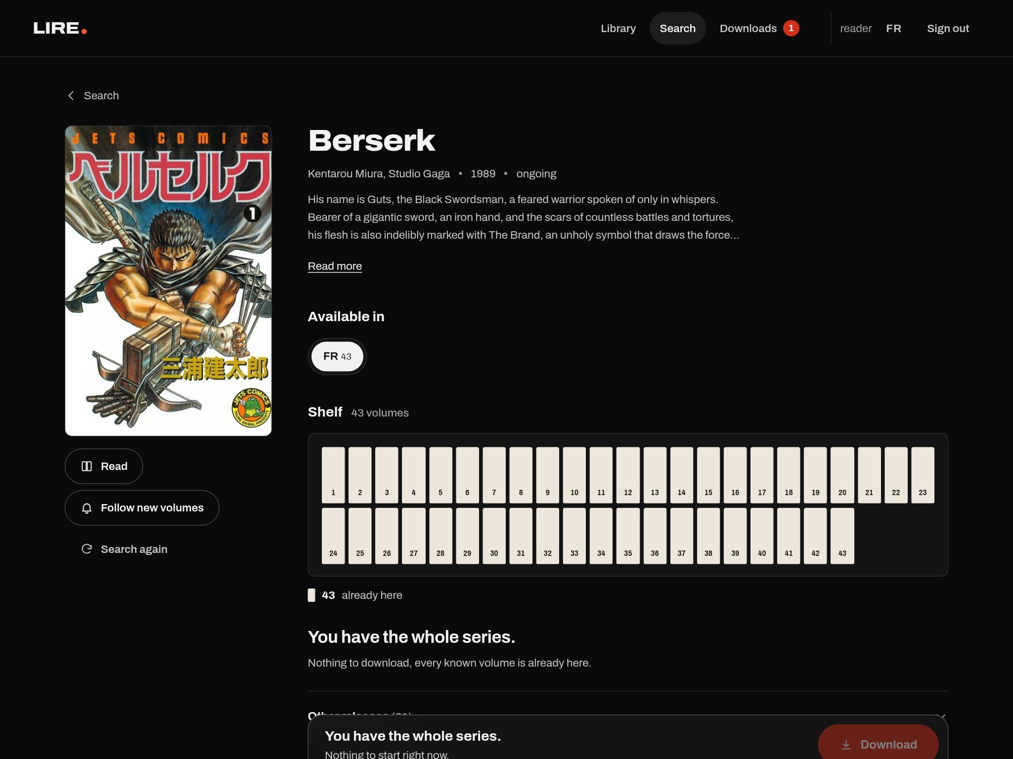 Lire series page: Berserk with its 43 volumes on the shelf