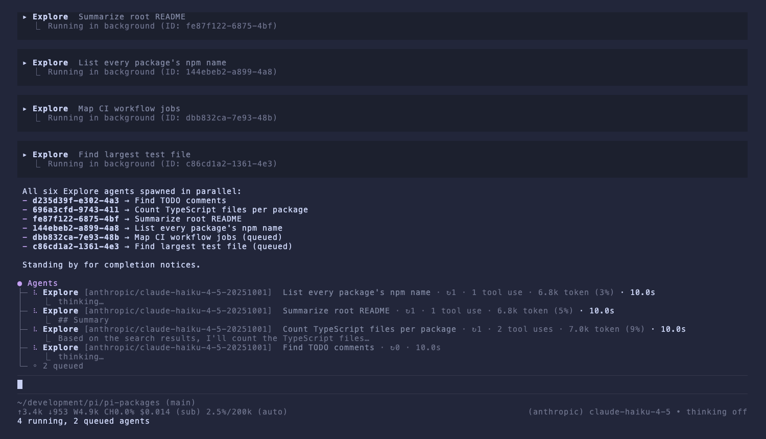 The agents widget: four running Explore agents, each with its model, turn count, tool uses, tokens and context use, and current activity, above a line reading 2 queued