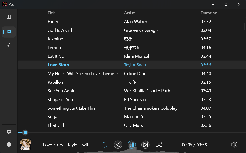 Screenshot of Zeedle music player showing dark minimal UI with spectrum visualization