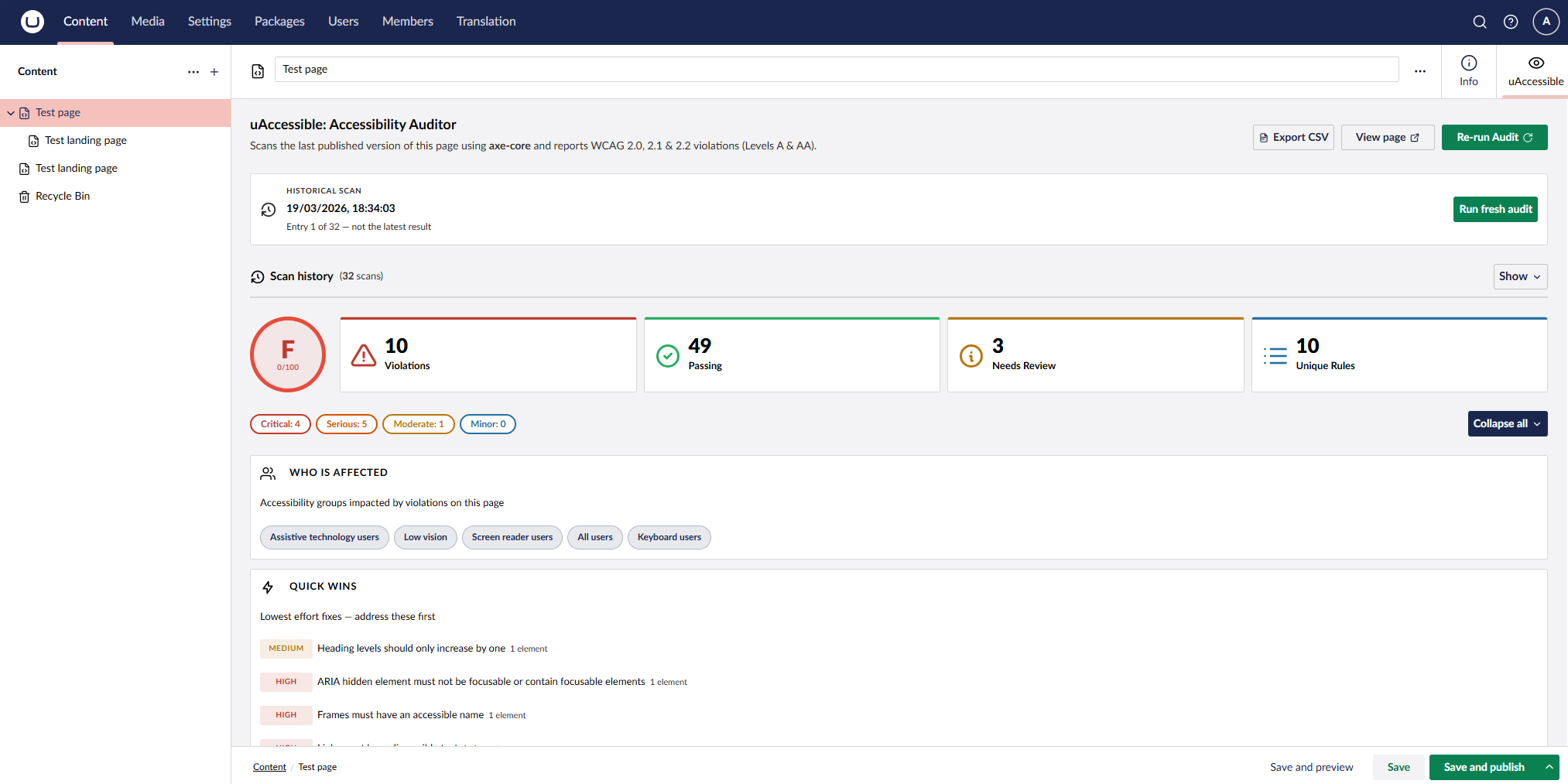 uAccessible workspace tab showing a historical scan with grade, stat cards, and Quick Wins