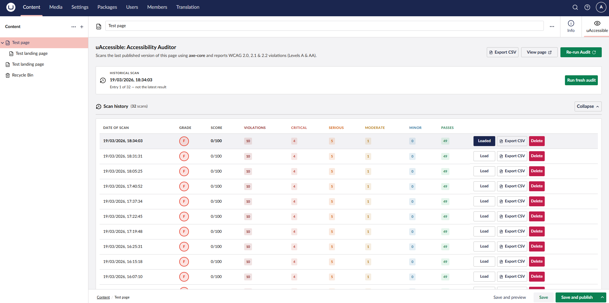 uAccessible workspace scan history with Load, Export CSV, and Delete actions