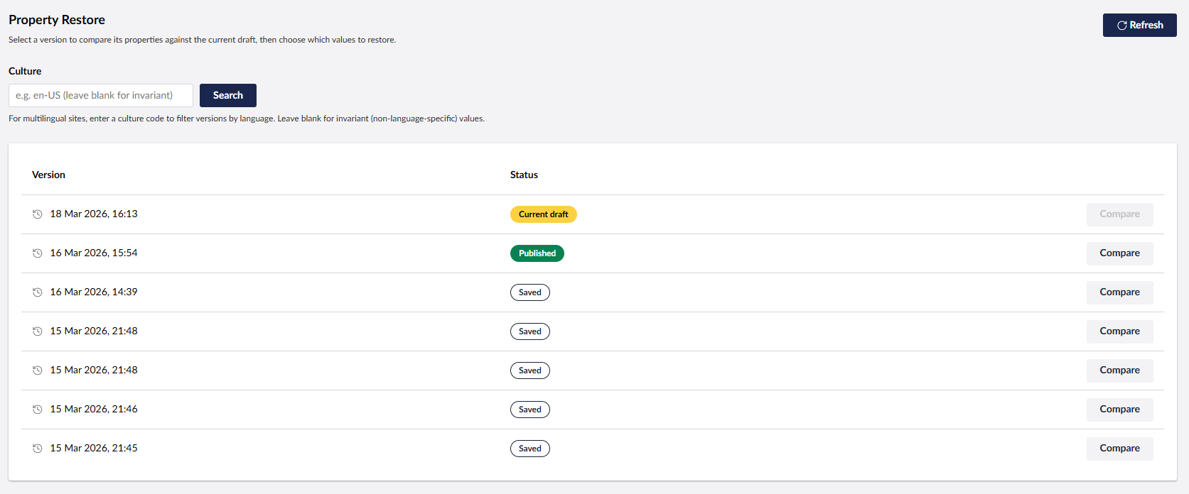 uRestore version history panel showing saved versions with status pills