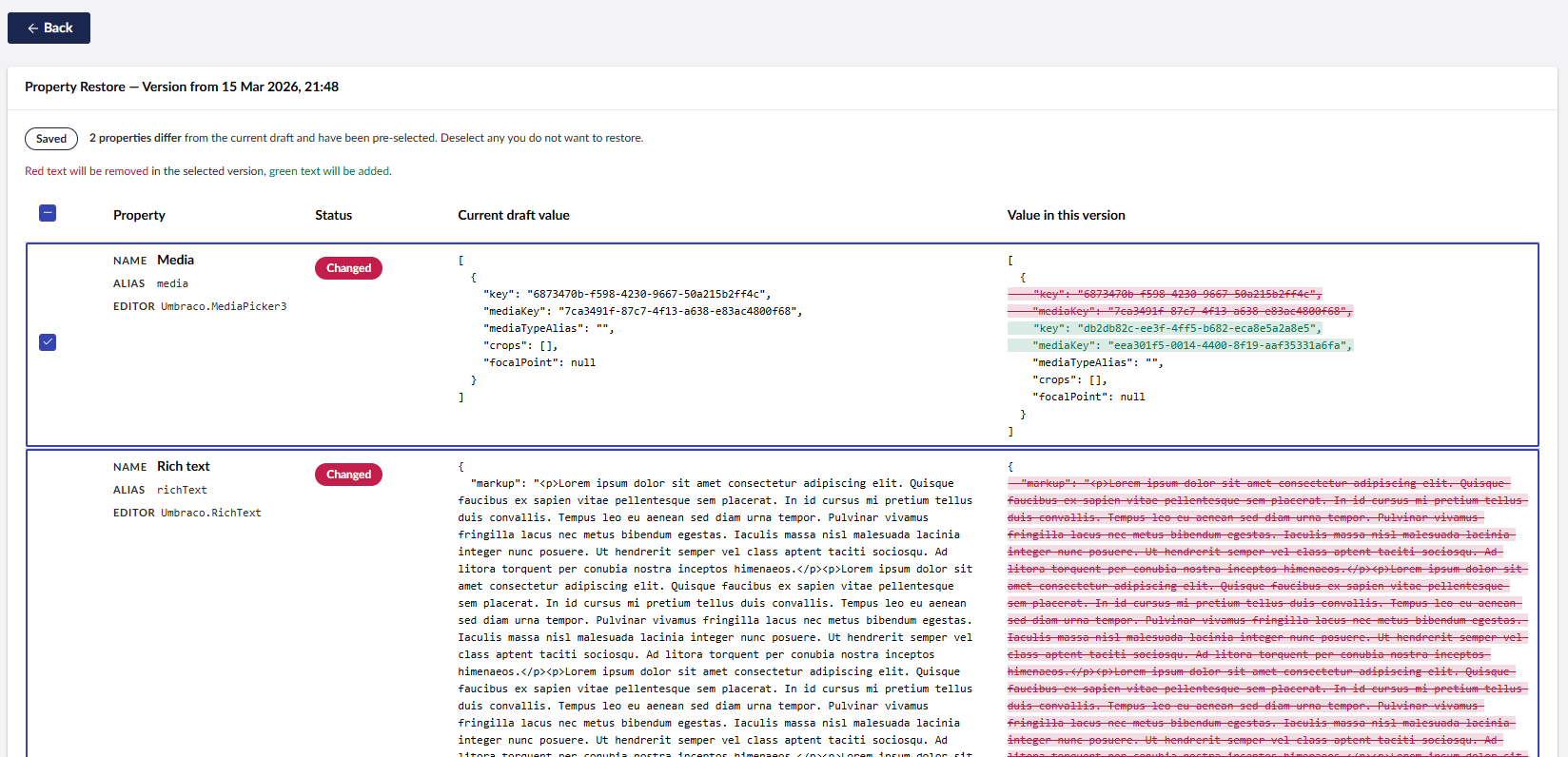 uRestore property comparison view with inline diff highlighting and selective restore