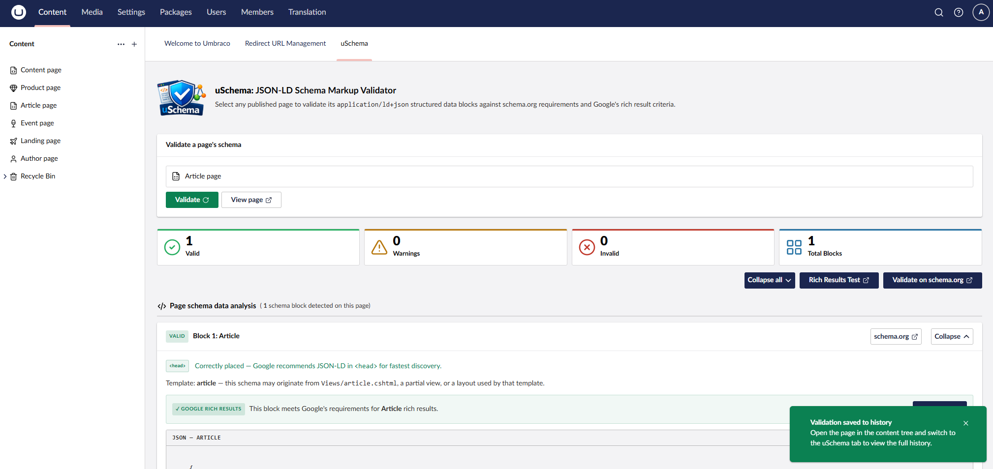 uSchema dashboard showing a validated Article page with summary stats and block detail