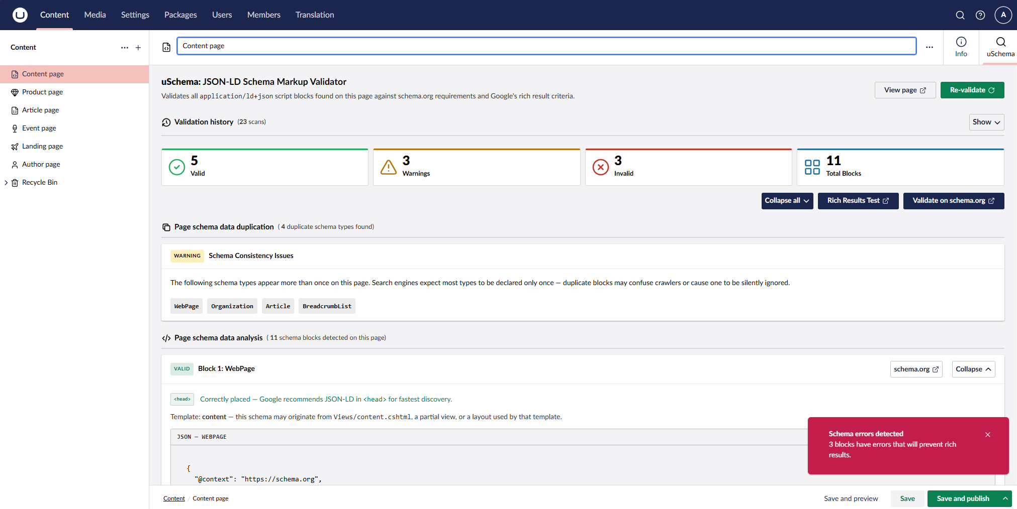 uSchema workspace tab showing warnings, duplicate schema type detection, and a WebPage block with errors