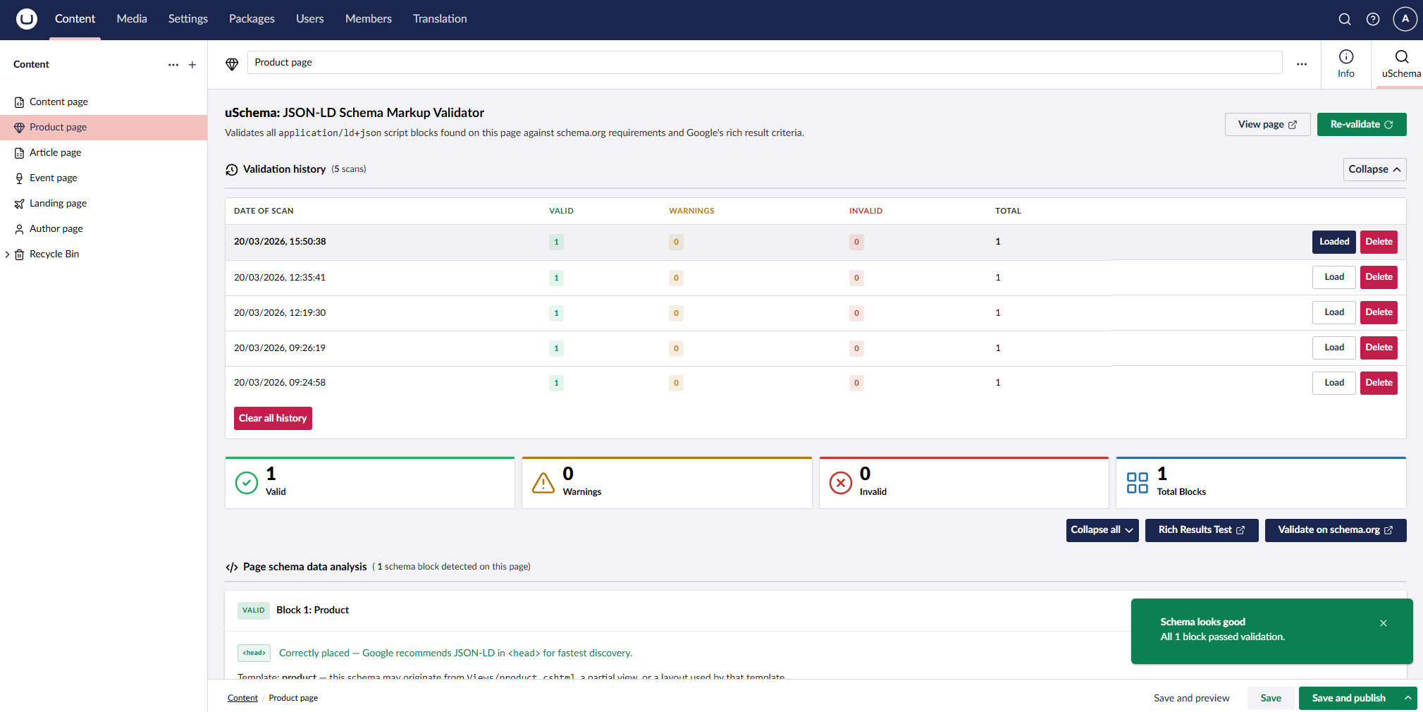 uSchema workspace tab showing validation history, a valid Product block, and Google Rich Results eligibility