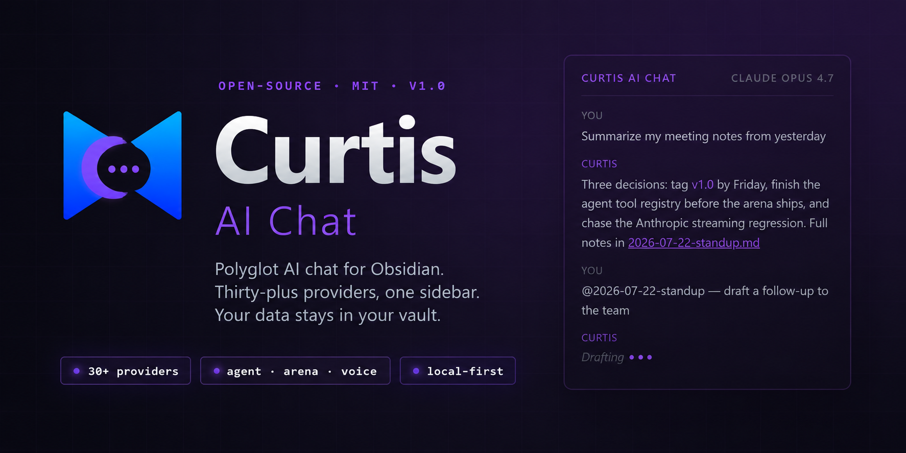 Curtis AI Chat — polyglot AI chat for Obsidian. 30+ providers, one sidebar.