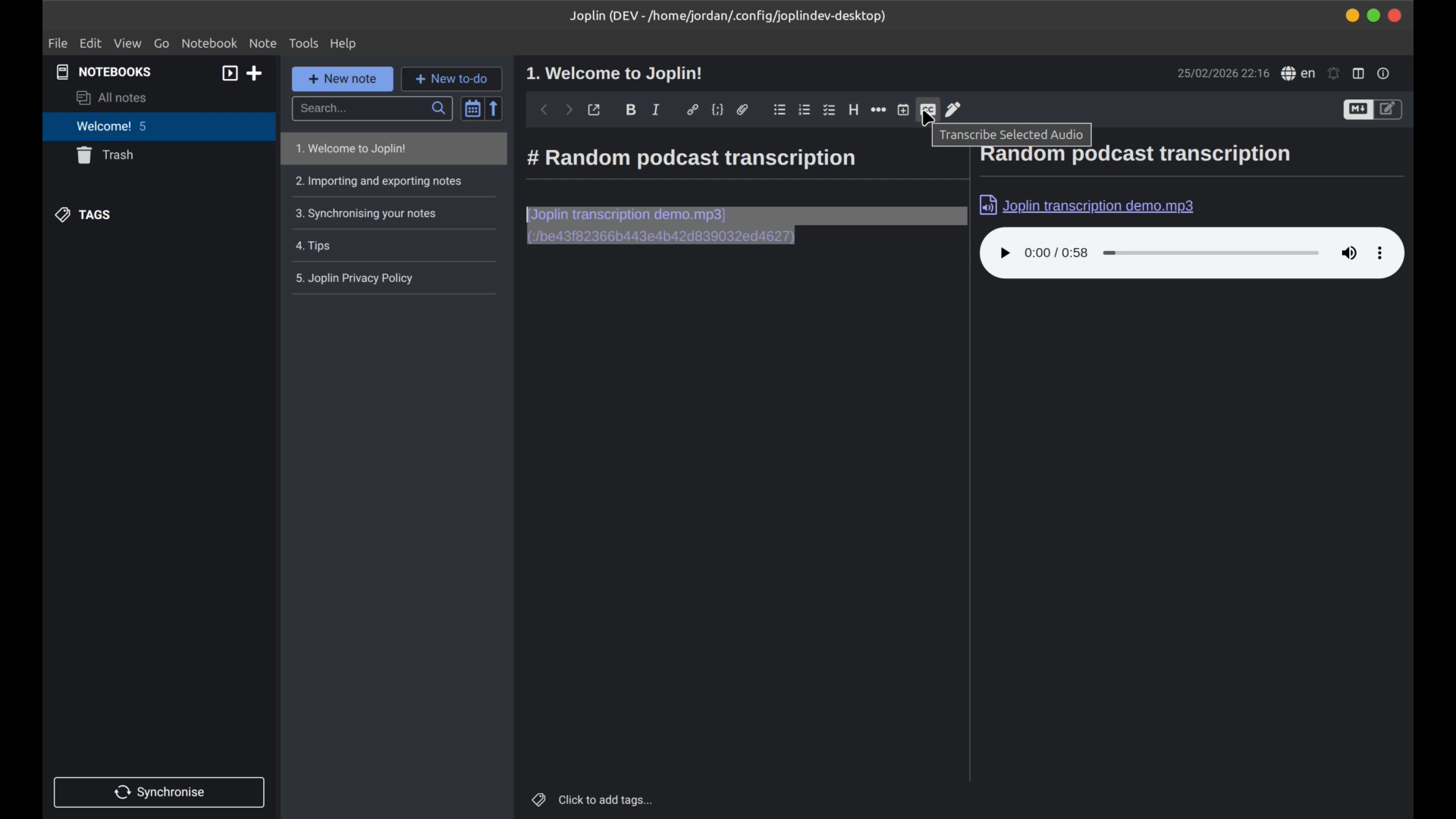 Audio file selected in a Joplin note with the option to transcribe using the plugin