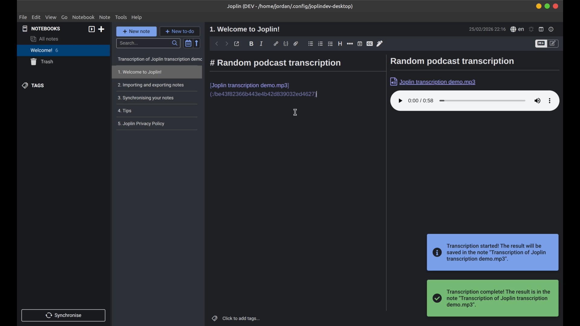Transcribing audio file and creating a new note with the transcription results.