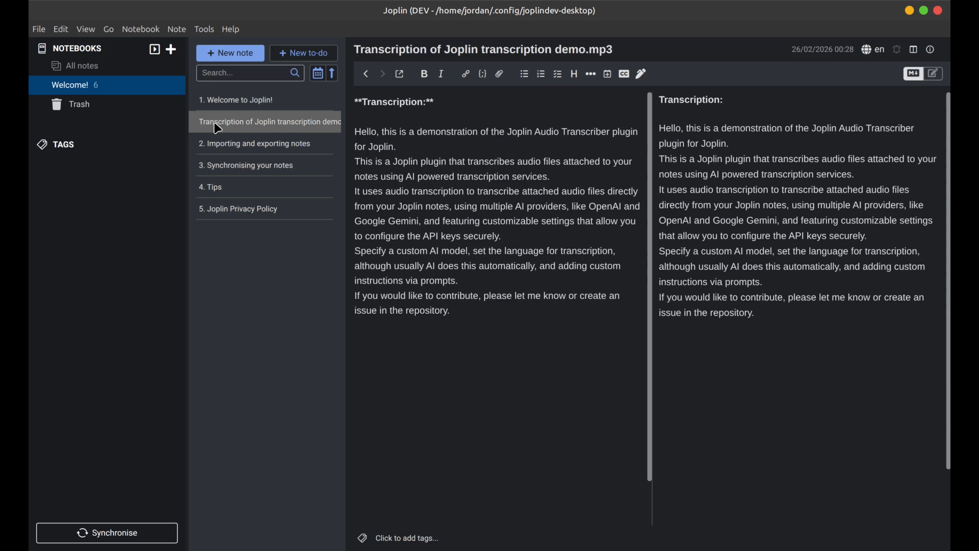 Transcription results displayed in a new Joplin note, showing the transcribed text and metadata.