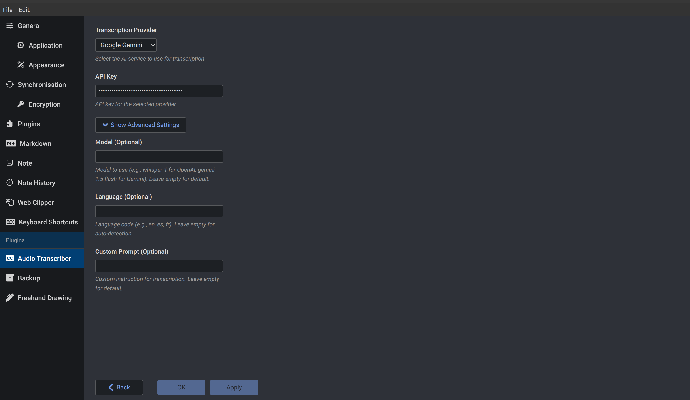 Plugin settings page where users can configure their OpenAI or Google Gemini API keys and transcription options.