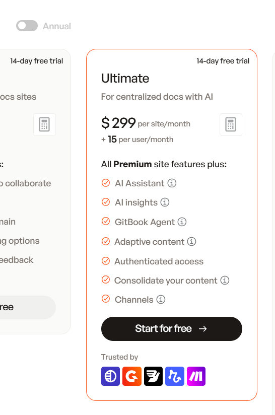 GitBook Ultimate pricing showing AI Assistant