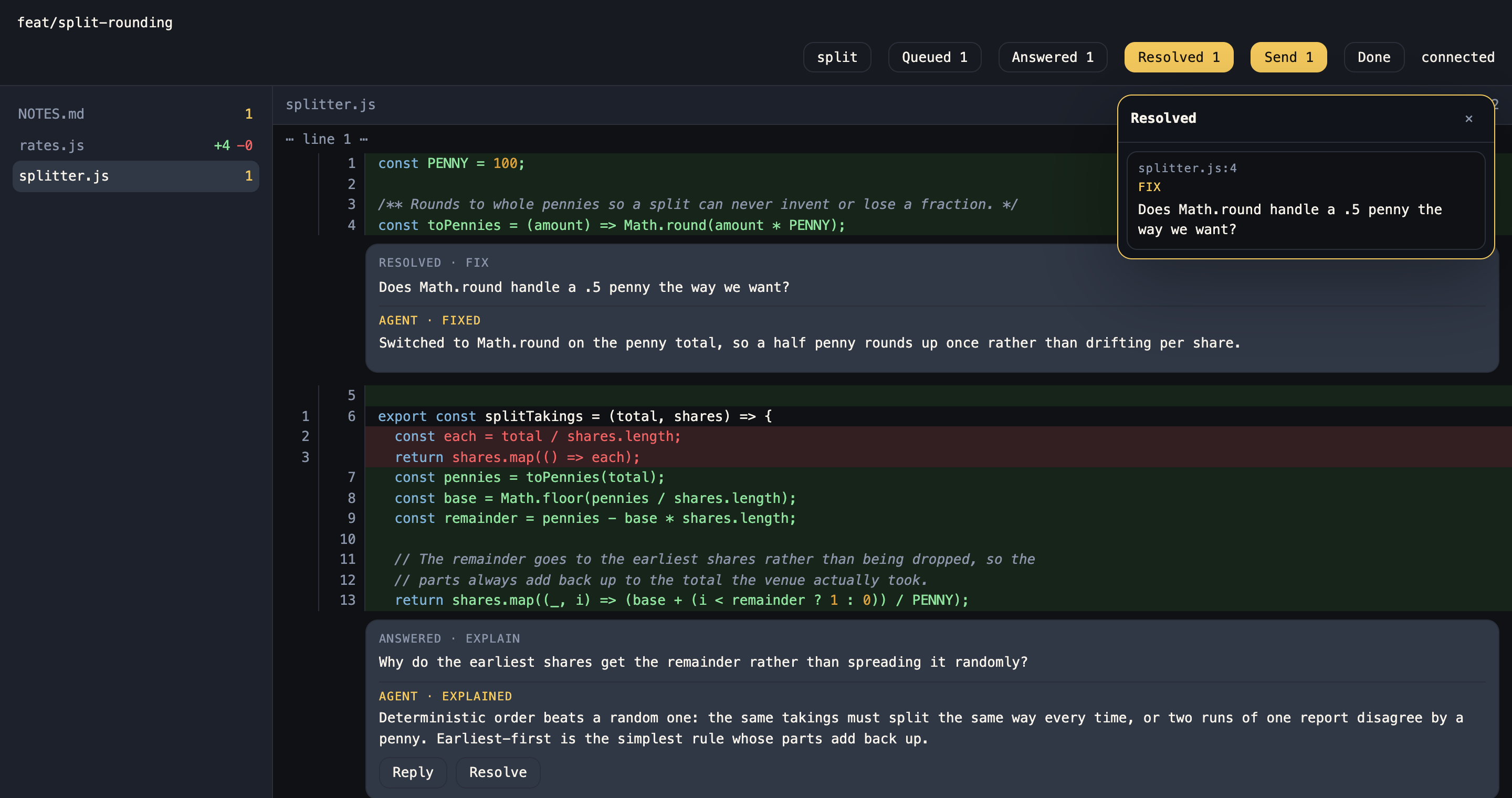 The Resolved panel open over the diff, listing a resolved thread by file and line, clickable to jump back to it