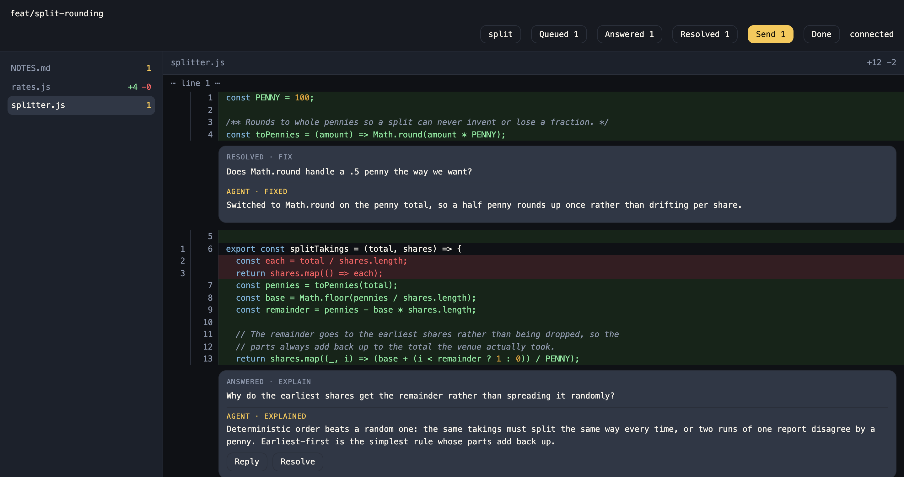 A cr review session: a diff with a human's question threaded under the line it is about, the agent's answer beneath it, and Queued, Answered and Resolved counts in the header