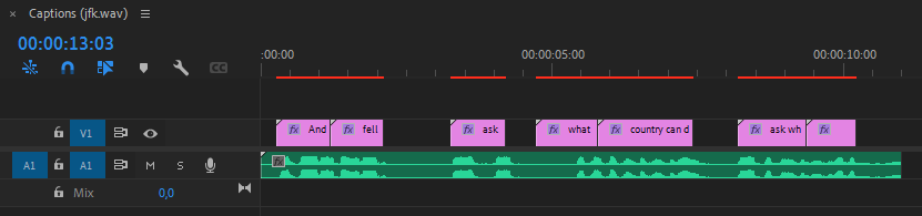 A screenshot of the Premiere Pro timeline showing 3 text layers with the transcribed text