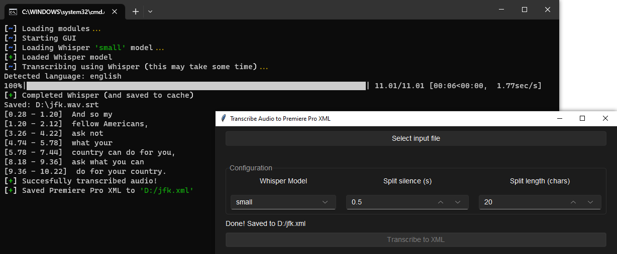 A terminal showing Whisper output and some progress updates, with the simple GUI on Windows