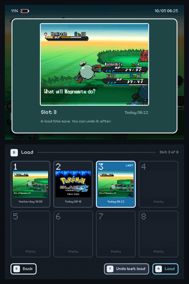 Load: the same slots, empty ones greyed out, and an Undo last load button