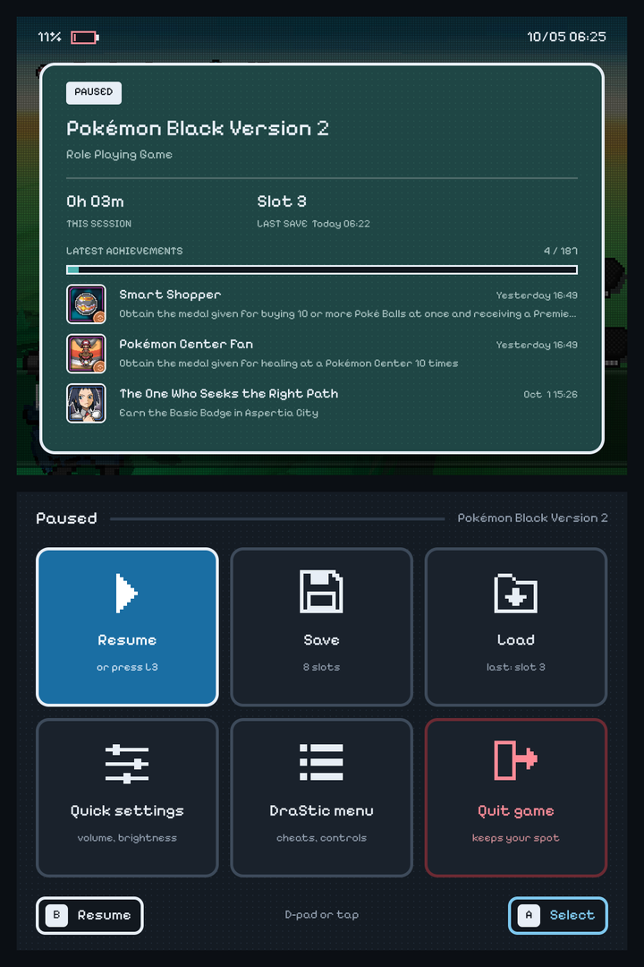 The in-game menu: the top screen shows the paused game, this session's play time, the last save and the latest achievements with their badges; the bottom screen has six tiles: Resume, Save, Load, Quick settings, DraStic menu and Quit game