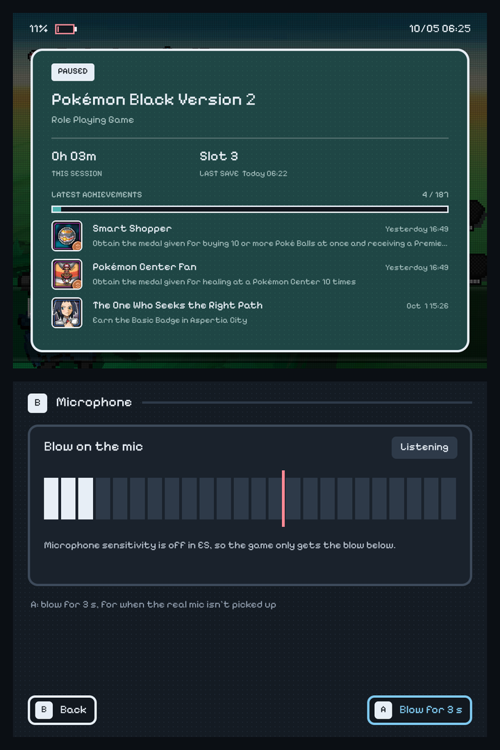Microphone: a live level meter with a red line where the game counts a blow