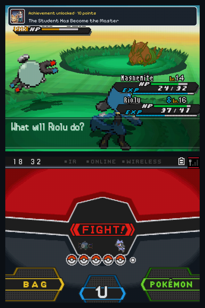 An achievement pop-up on the top screen in the same pixel style: the badge in a light frame, Achievement unlocked in gold and the achievement's name