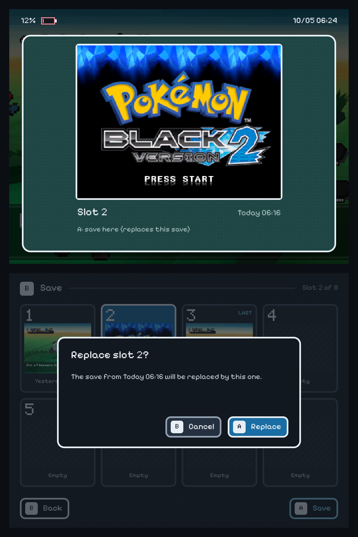 Replacing a save asks first: Replace slot 2? with Cancel and Replace buttons