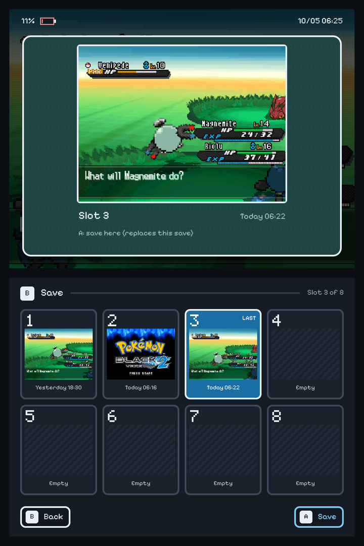 Save: eight slots with a picture of the game in each, the top screen shows the selected slot large