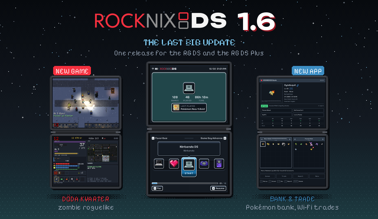 ROCKNIXDS 1.6, the last big update: three handhelds showing Döda Kvarter, ROCKNIXDS Pixel's home screen and Bank & Trade
