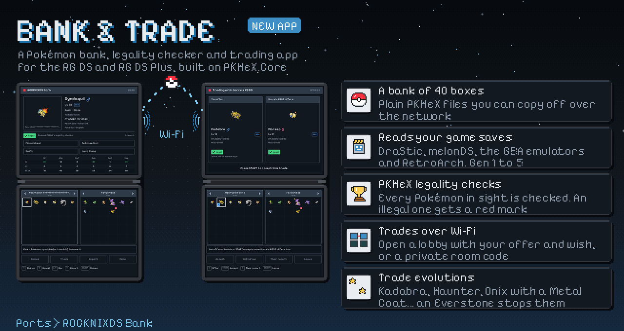 Bank & Trade: two handhelds trading a Pokémon over Wi-Fi; a bank of 40 boxes, reads your game saves, PKHeX legality checks, trades over Wi-Fi, trade evolutions