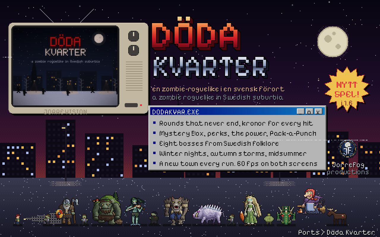 Döda Kvarter in 90s box-art style: the title screen on a beige CRT TV with a VHS PLAY overlay, the logo in red and chrome, a NYTT SPEL! sticker, a Windows 95 window listing the game's features, and the survivor facing the game's zombies and eight folklore bosses on a snowy street