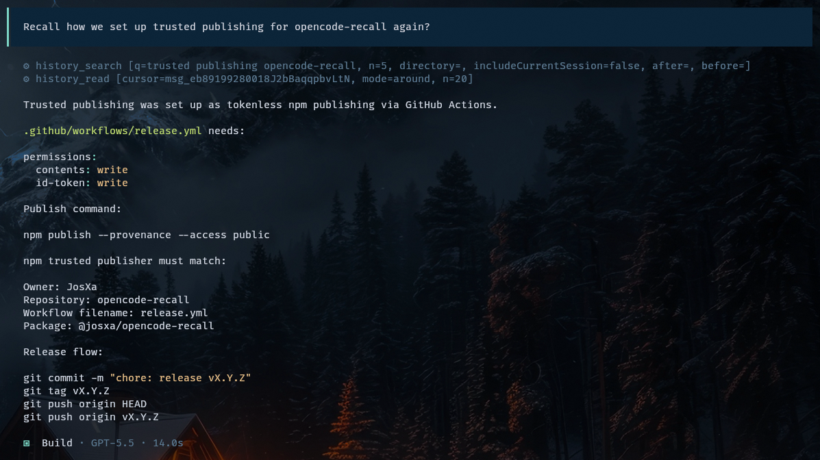 Recall asking how trusted publishing was set up, agent runs history_search then history_read and returns the workflow config, publish command, and release flow