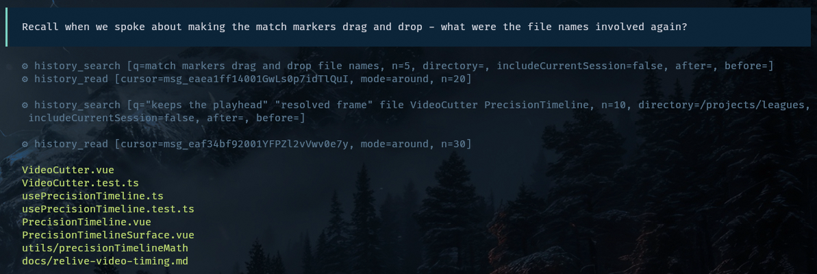 Recall asking about match marker file names, agent runs an initial broad search, then a narrower one with stronger terms and a directory filter, then returns a precise file list