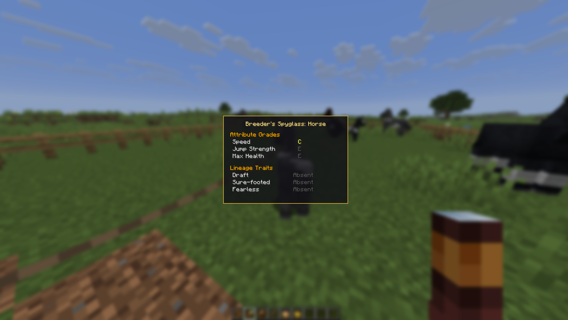 The Breeder's Spyglass screen showing a horse's attribute grades and traits