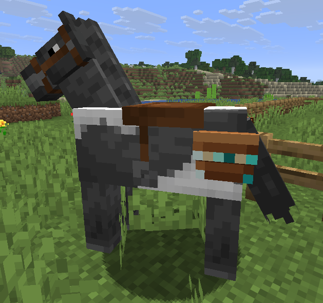 A horse wearing a visible saddlebag on its flanks