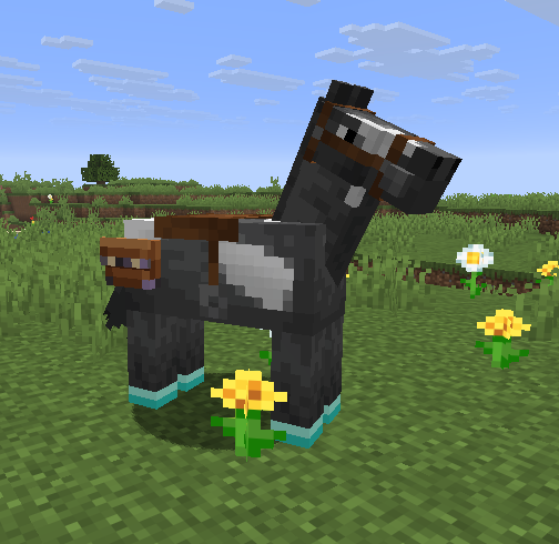 A horse wearing a Netherite horseshoe and a Gold saddlebag