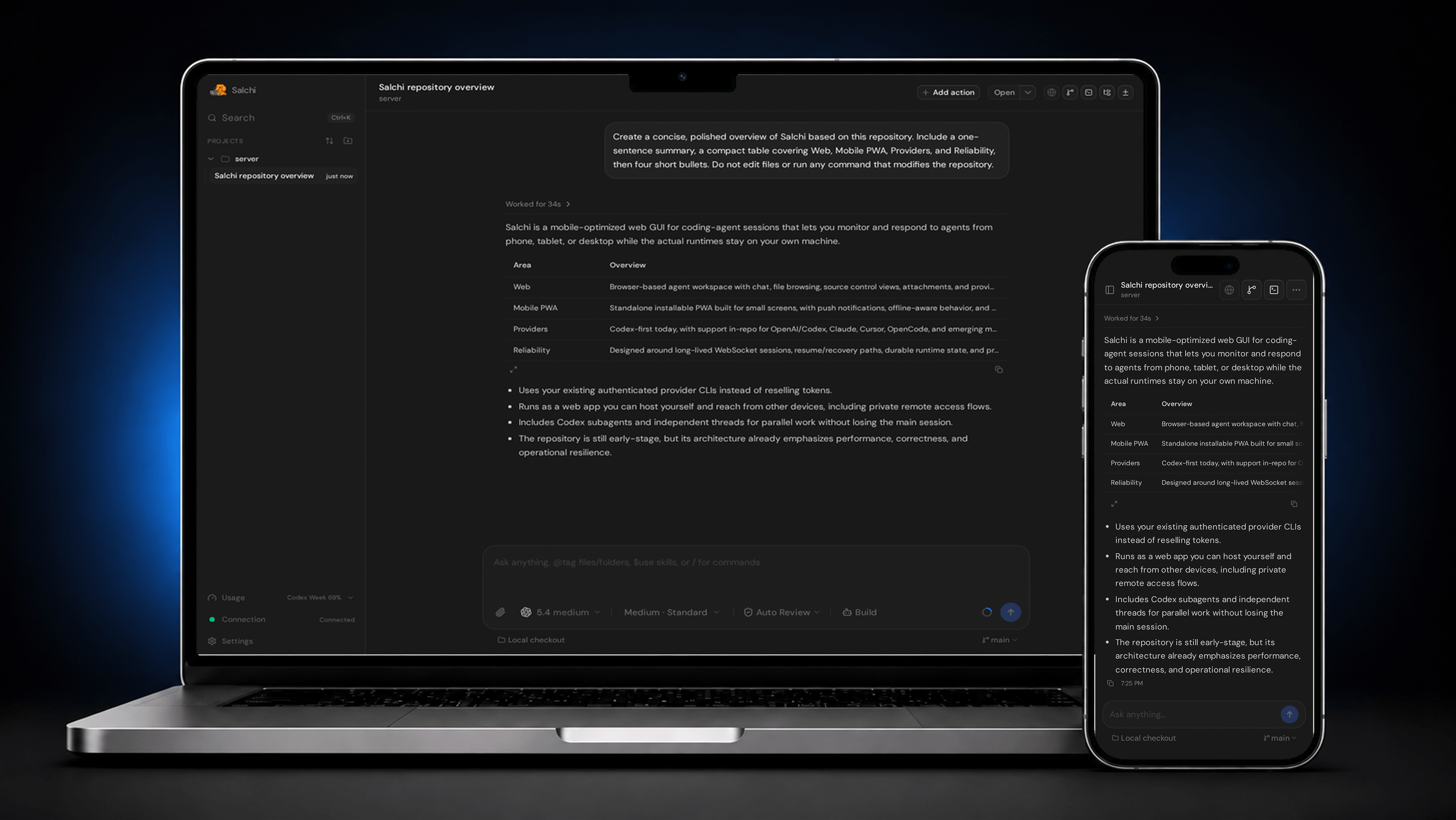 Salchi running on a modern MacBook and iPhone