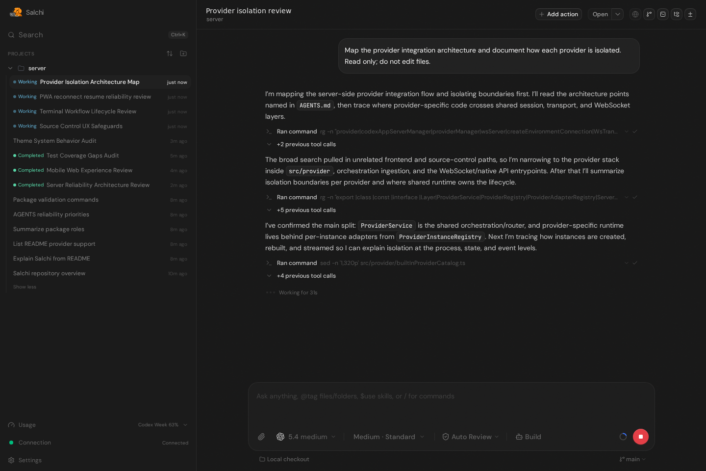 Salchi sidebar with pending and completed jobs