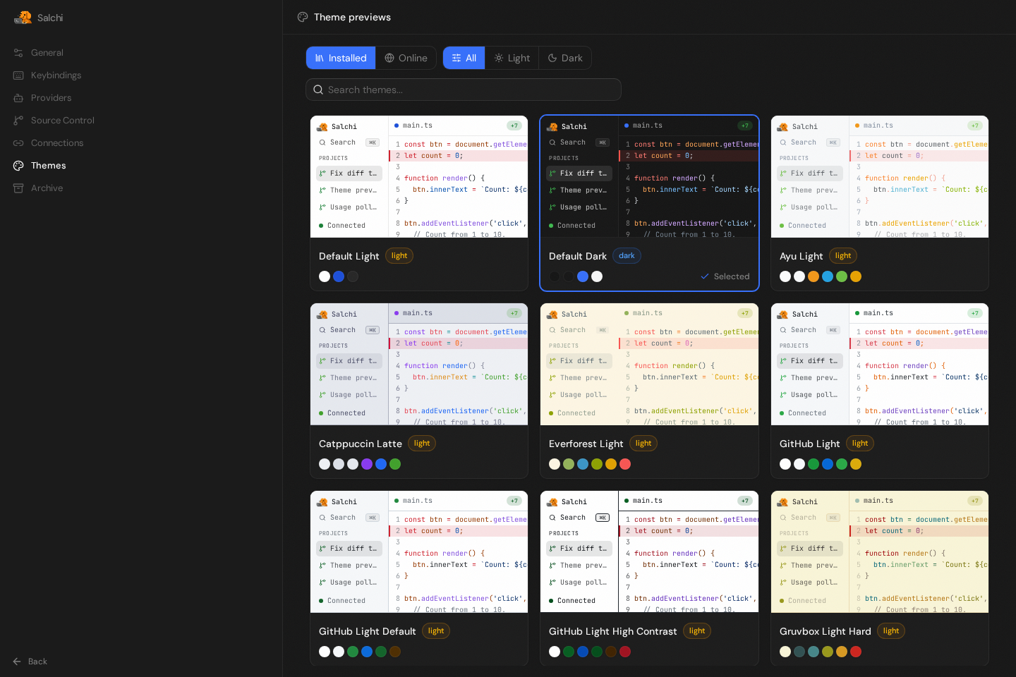 Selecting a theme in Salchi