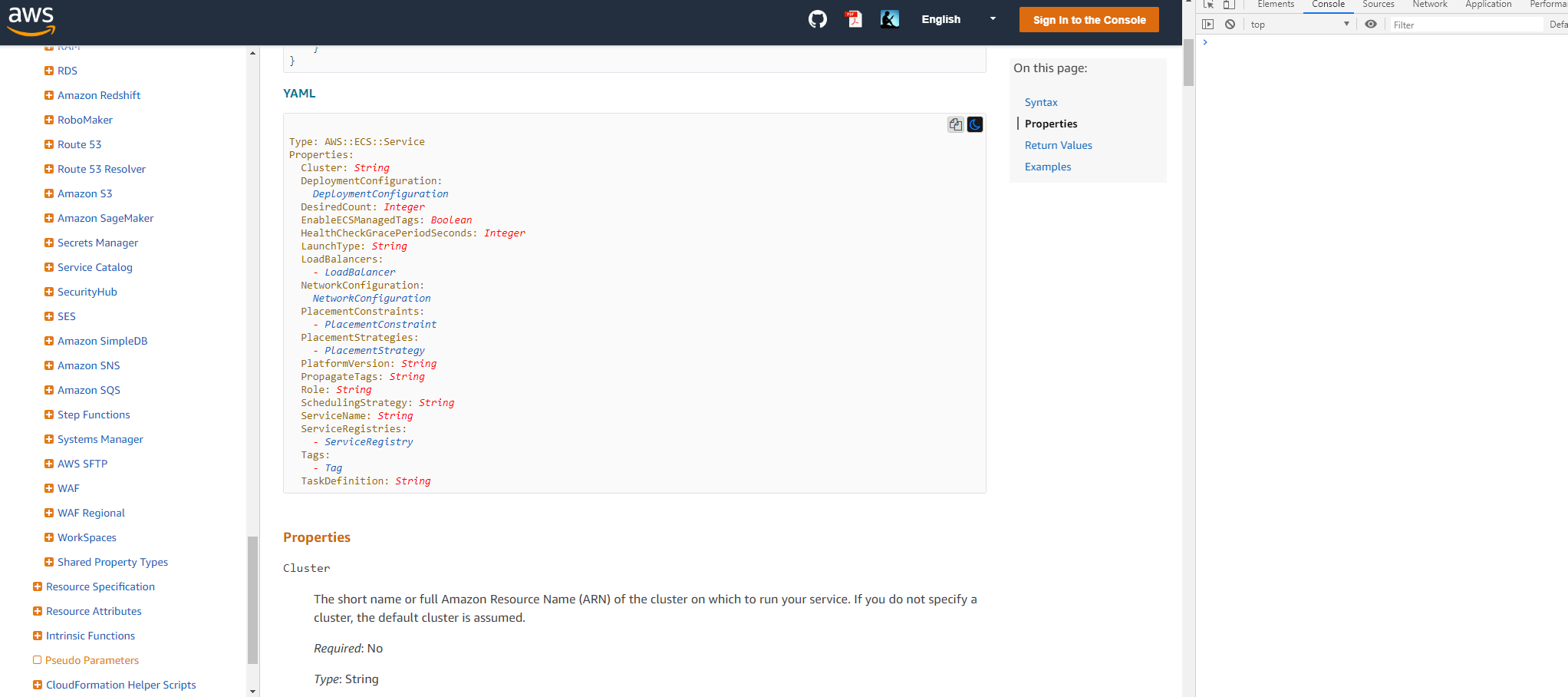 Screenshot of a typical CloudFormation Docs web page