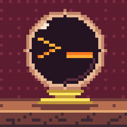 Agents Pixel Dungeon icon: a crystal orb showing a terminal prompt, on a wooden table by a burgundy dungeon wall