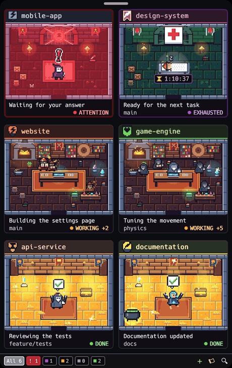 The widget in demo mode: six agents working, asking for attention, trapped by the session limit, waiting and done